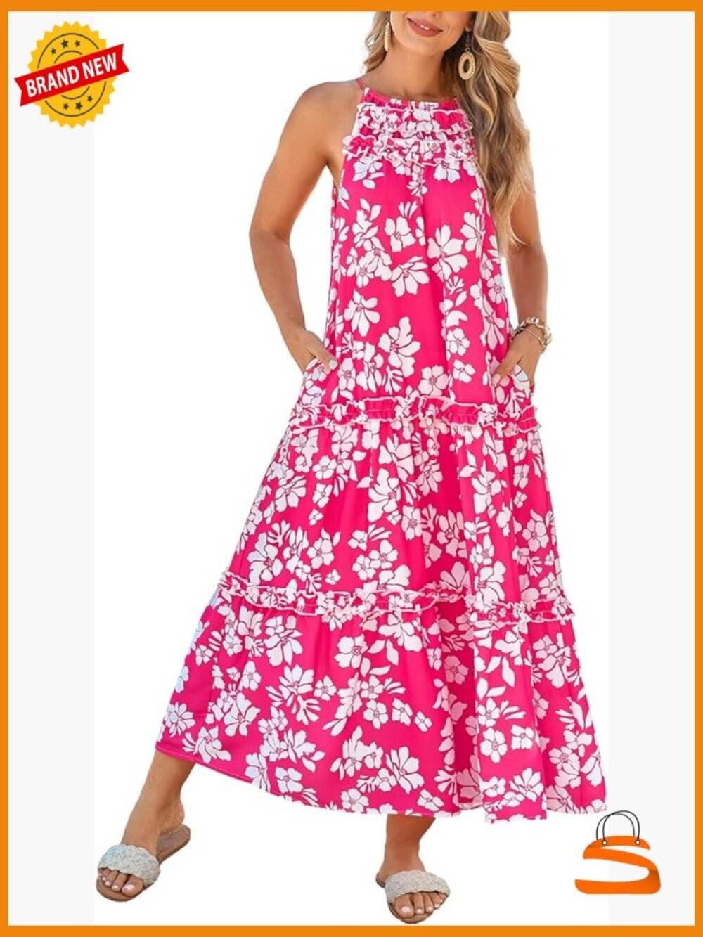 Women's Floral Halter Maxi Dress Boho Summer Sundress with Tiered Ruffle Skirt